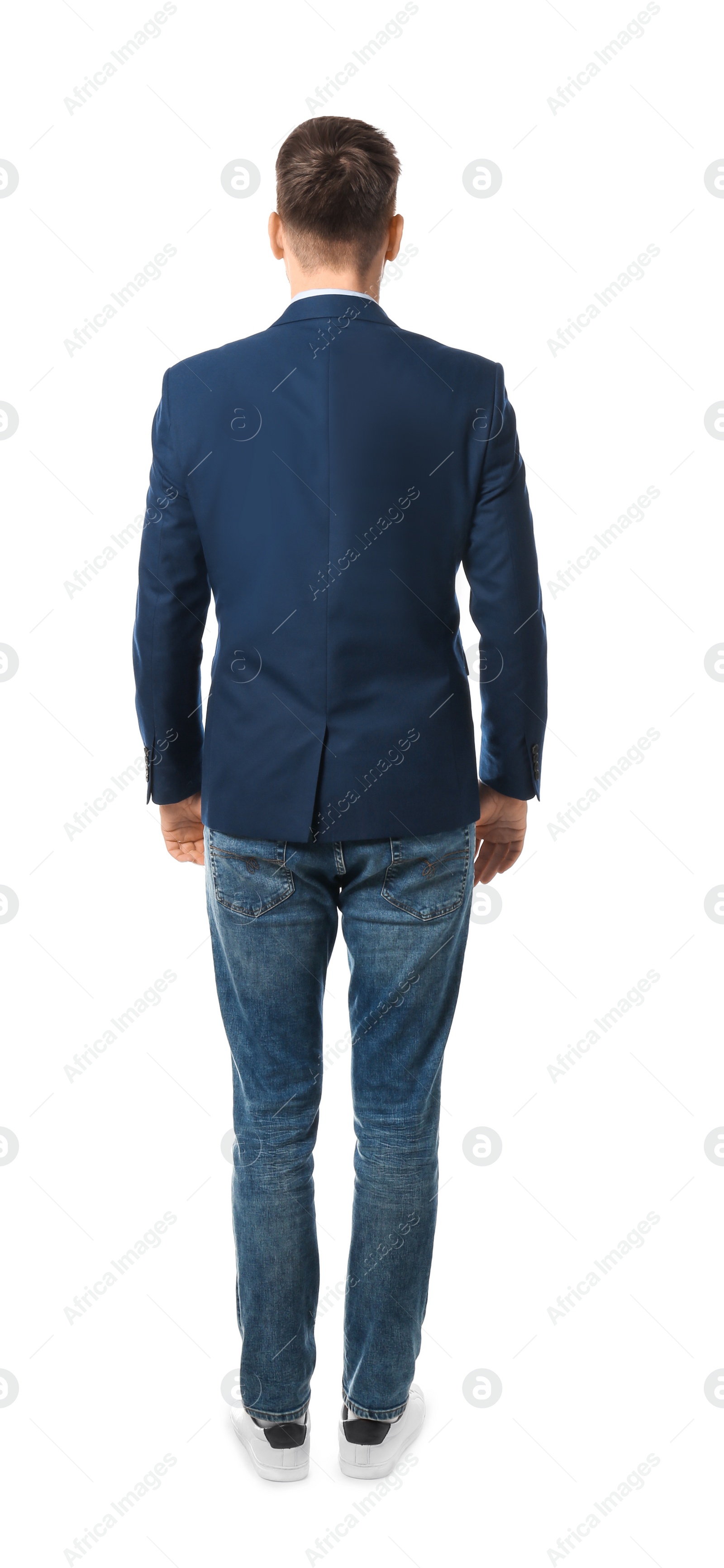 Photo of Businessman in stylish clothes posing on white background