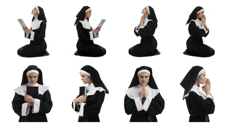 Image of Collage with photos of young nun praying on white background