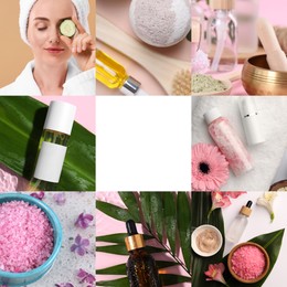 Image of Beauty and health care, collage. Photo of woman relaxing in spa salon, different supplies and products. Space for text