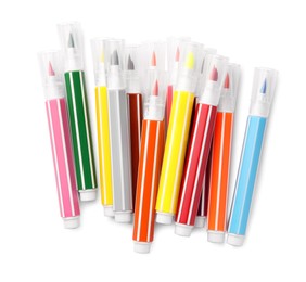 Many bright markers isolated on white, top view