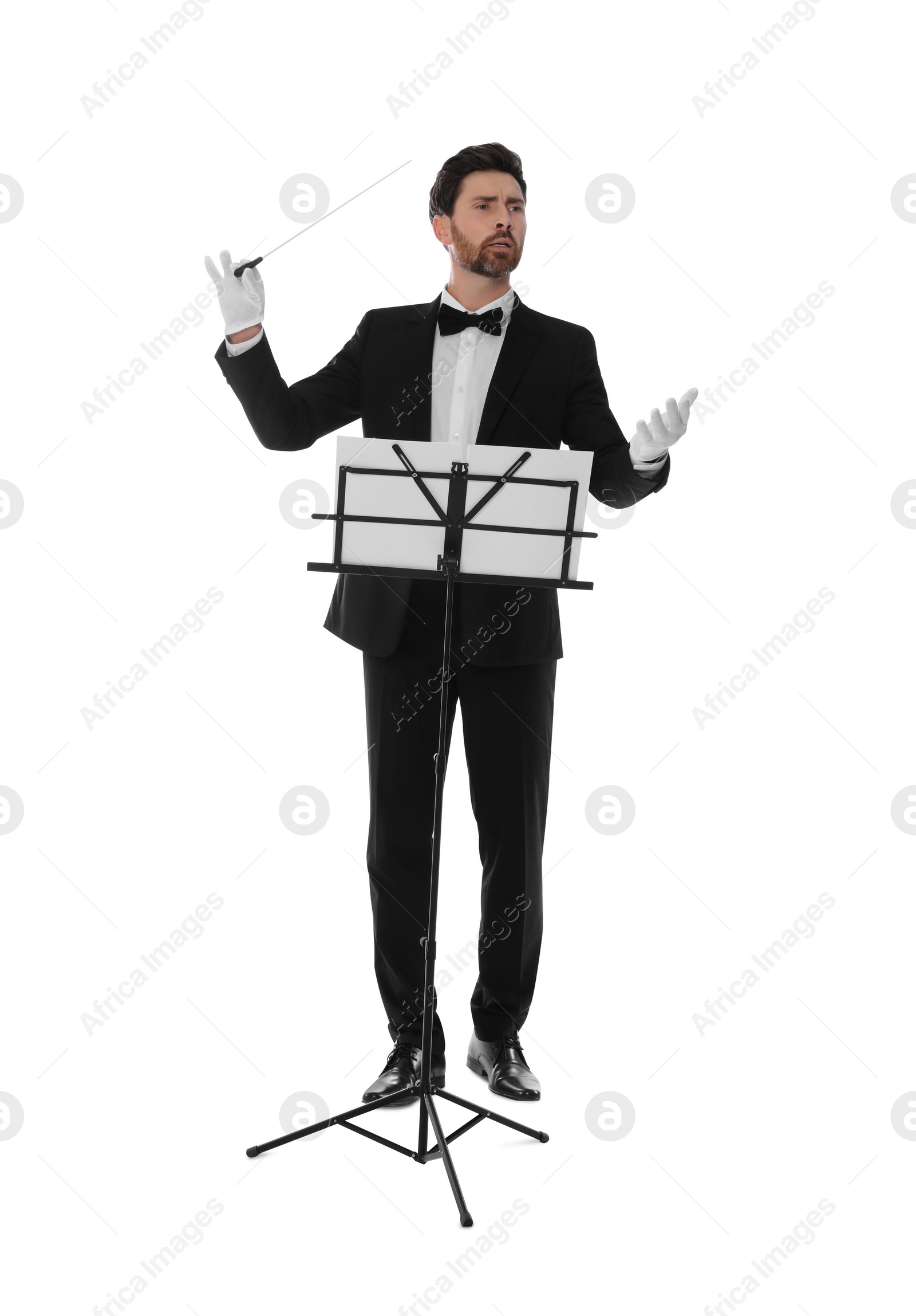 Photo of Professional conductor with baton and note stand on white background