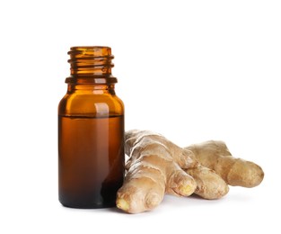 Photo of Glass bottle of essential oil and ginger root on white background