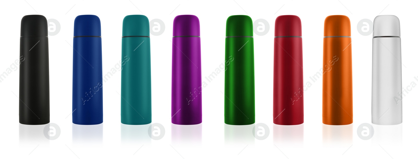 Image of Set of modern thermoses in different colors on white background. Banner design 