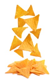 Image of Tasty tortilla chips (nachos) falling into pile on white background