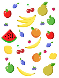 Illustration of Illustrations of fruits and berries on white background. Nutritionist's recommendations