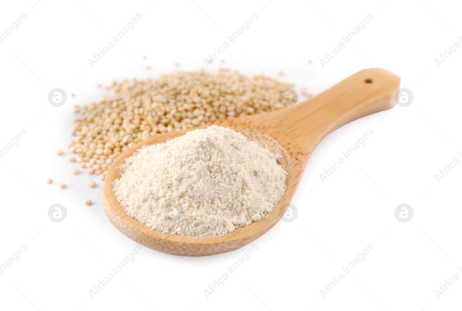 Photo of Wooden spoon with quinoa flour and seeds on white background