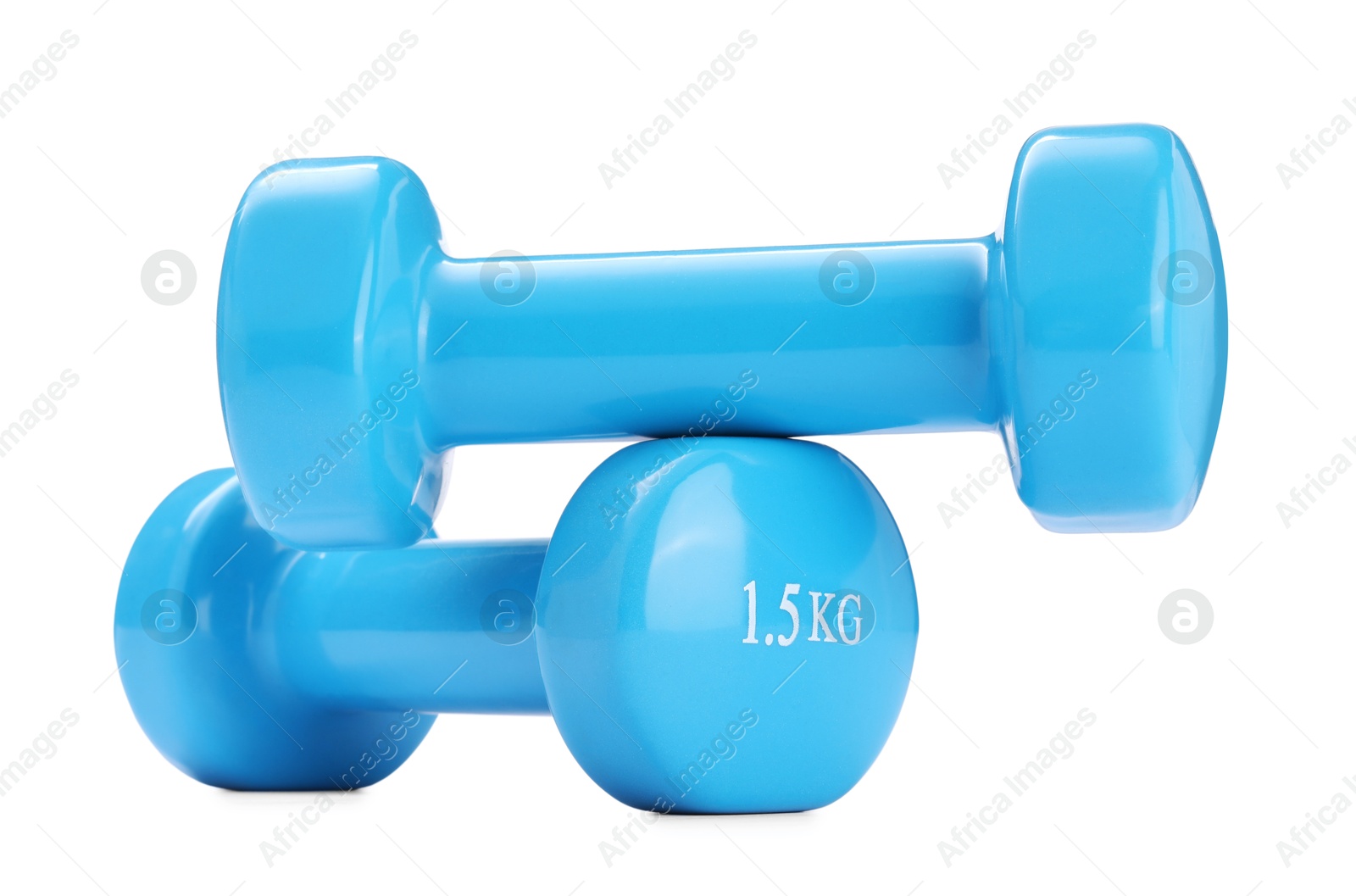 Photo of Light blue dumbbells isolated on white. Sports equipment