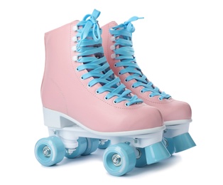 Pair of stylish quad roller skates on white background