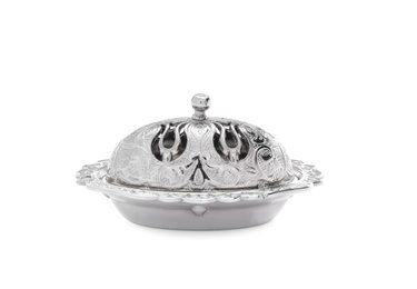 Photo of Vintage metal butter dish with lid isolated on white