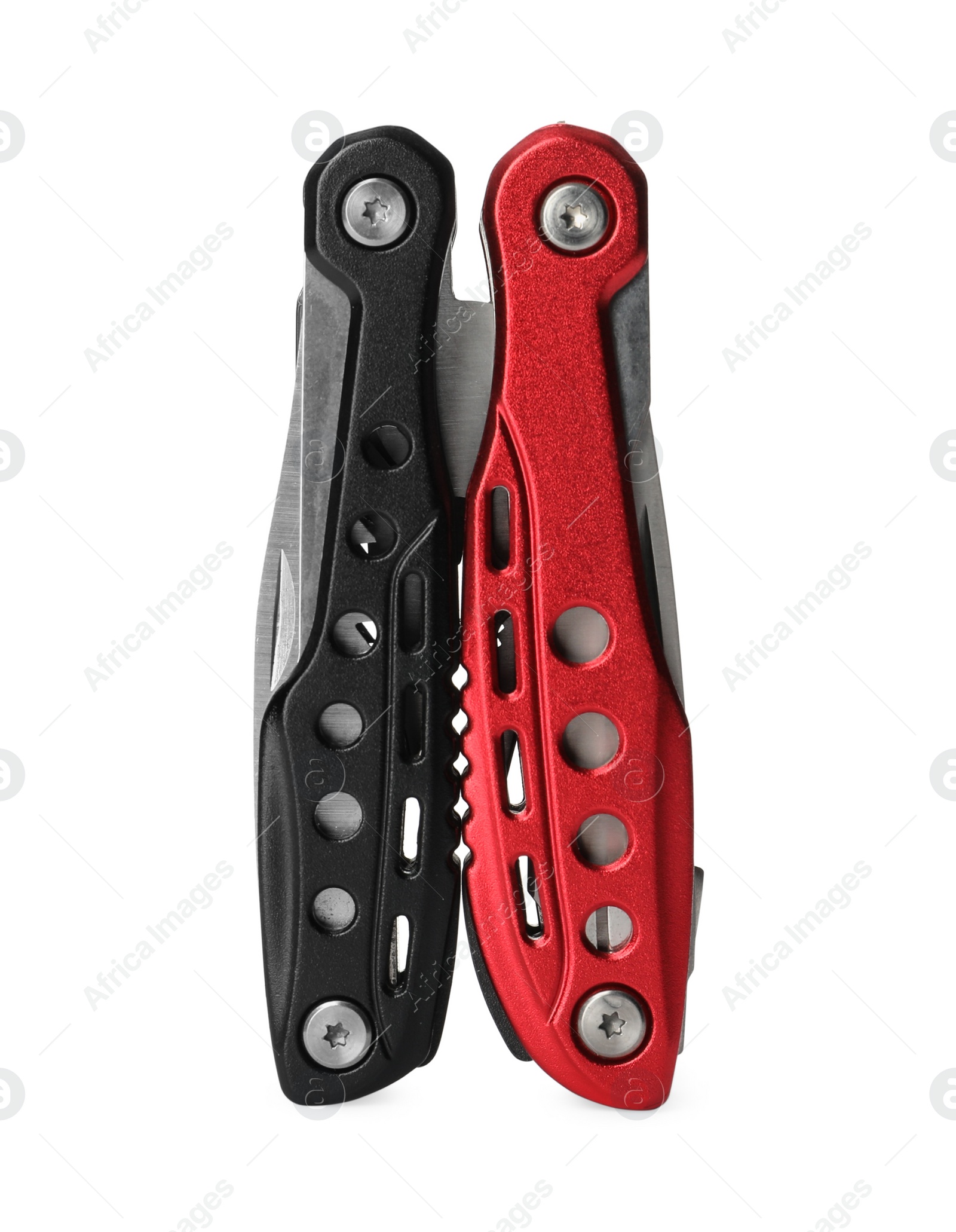 Photo of Compact portable colorful multitool isolated on white