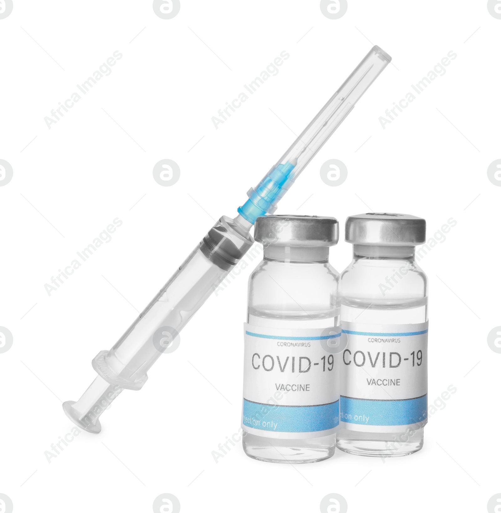 Photo of Vials with vaccine against coronavirus and syringe on white background