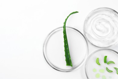 Photo of Petri dishes with aloe plants and cosmetic product on white background, top view. Space for text