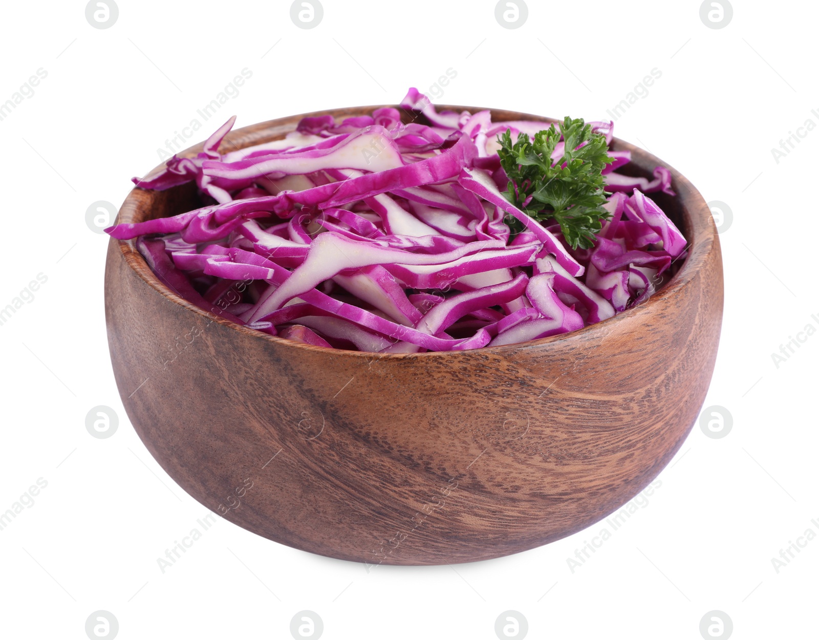 Photo of Bowl with shredded fresh red cabbage isolated on white