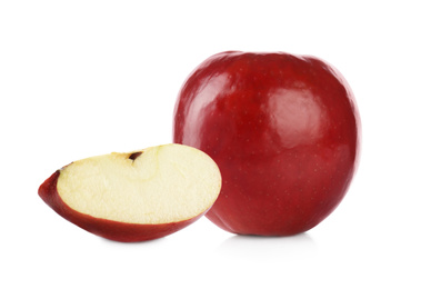 Image of Cut and whole red apples on white background