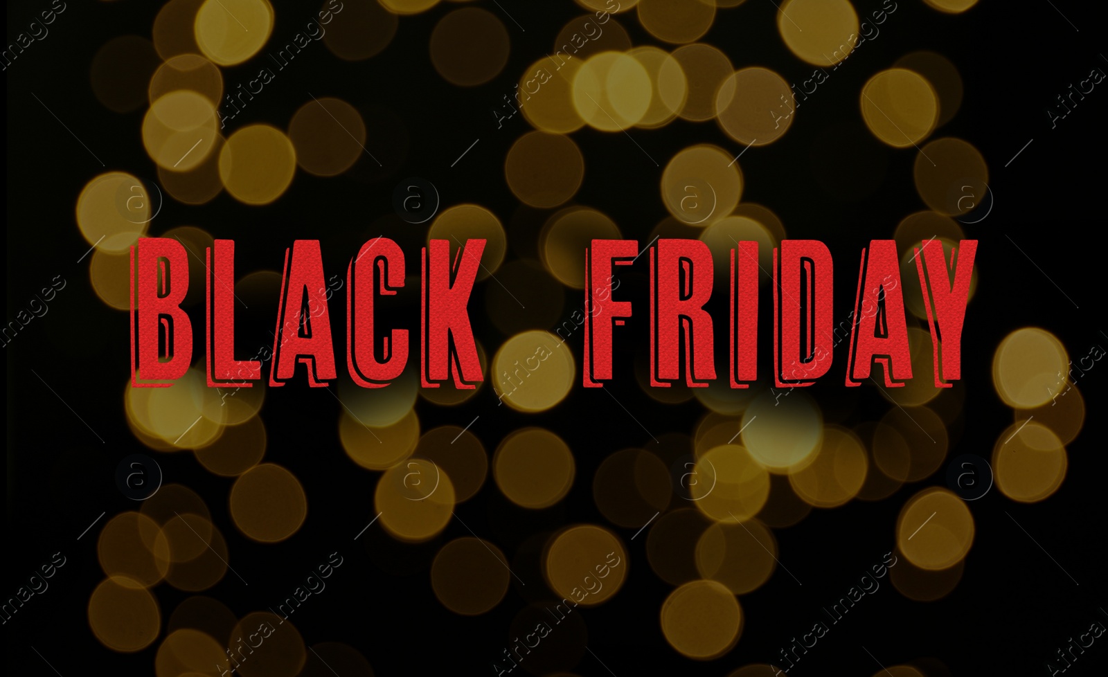 Image of Phrase Black Friday and blurred view of beautiful lights on background 