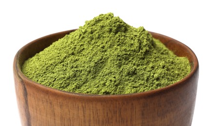 Photo of Green matcha powder in bowl isolated on white