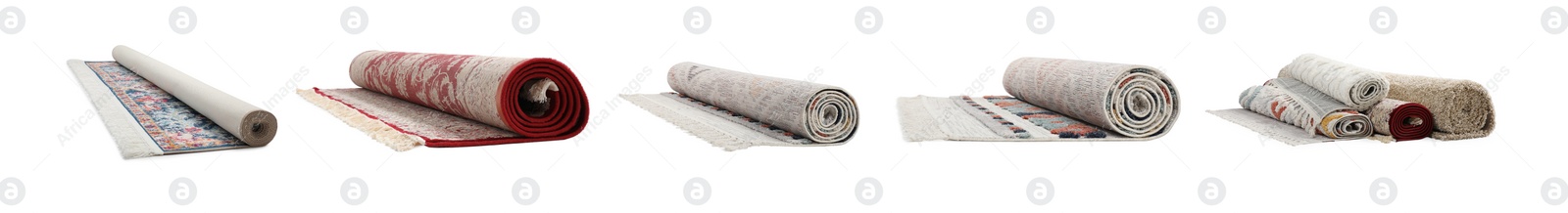 Image of Many different rolled carpets isolated on white, set