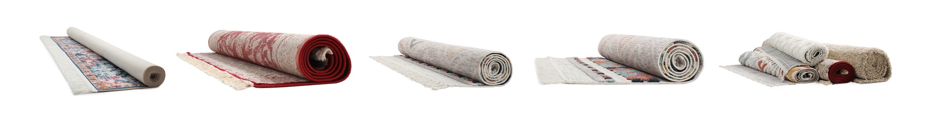 Many different rolled carpets isolated on white, set