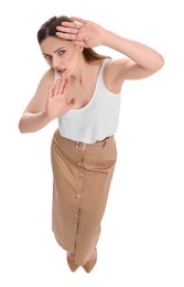 Photo of Beautiful businesswoman on white background, above view