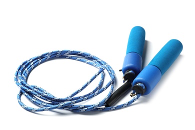 Photo of Jump rope on white background. Sports equipment