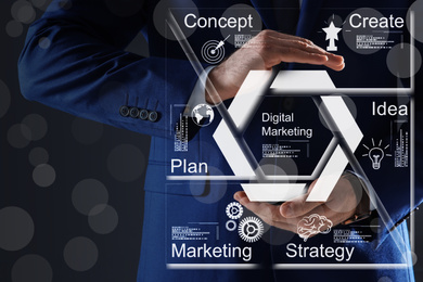 Image of Businessman demonstrating marketing plan scheme on dark background, closeup