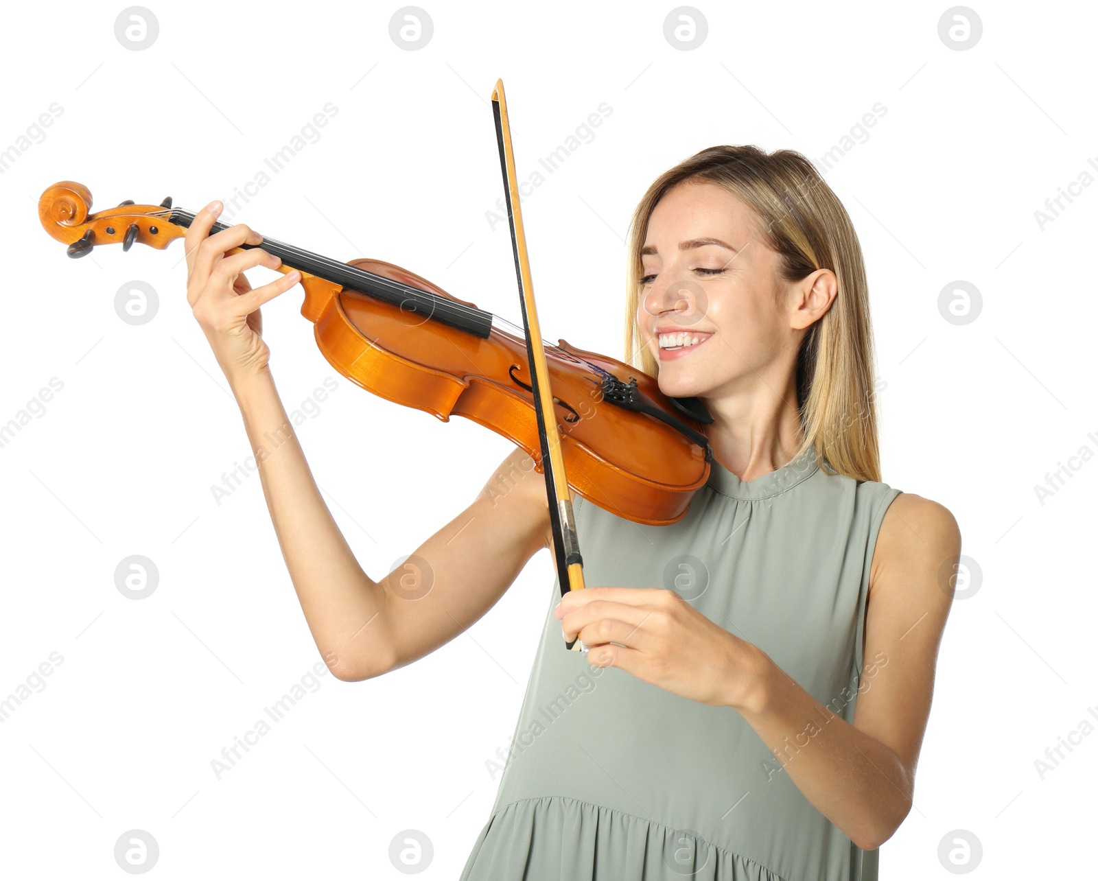 Photo of Beautiful woman playing violin on white background