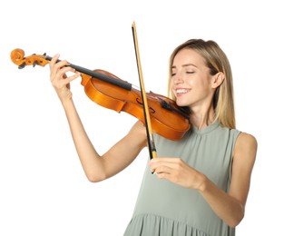 Photo of Beautiful woman playing violin on white background