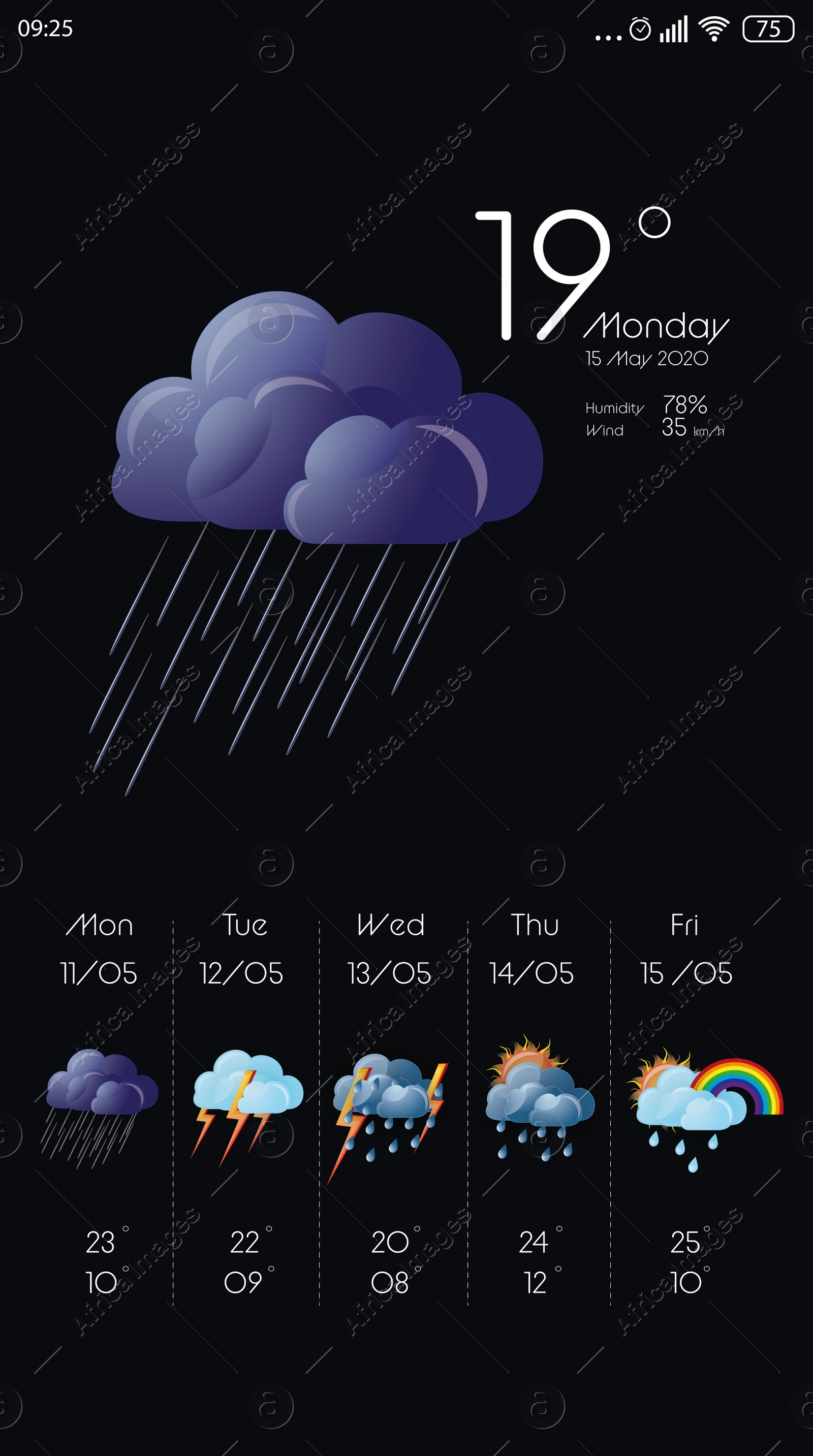 Illustration of Weather forecast widget on screen. Mobile application