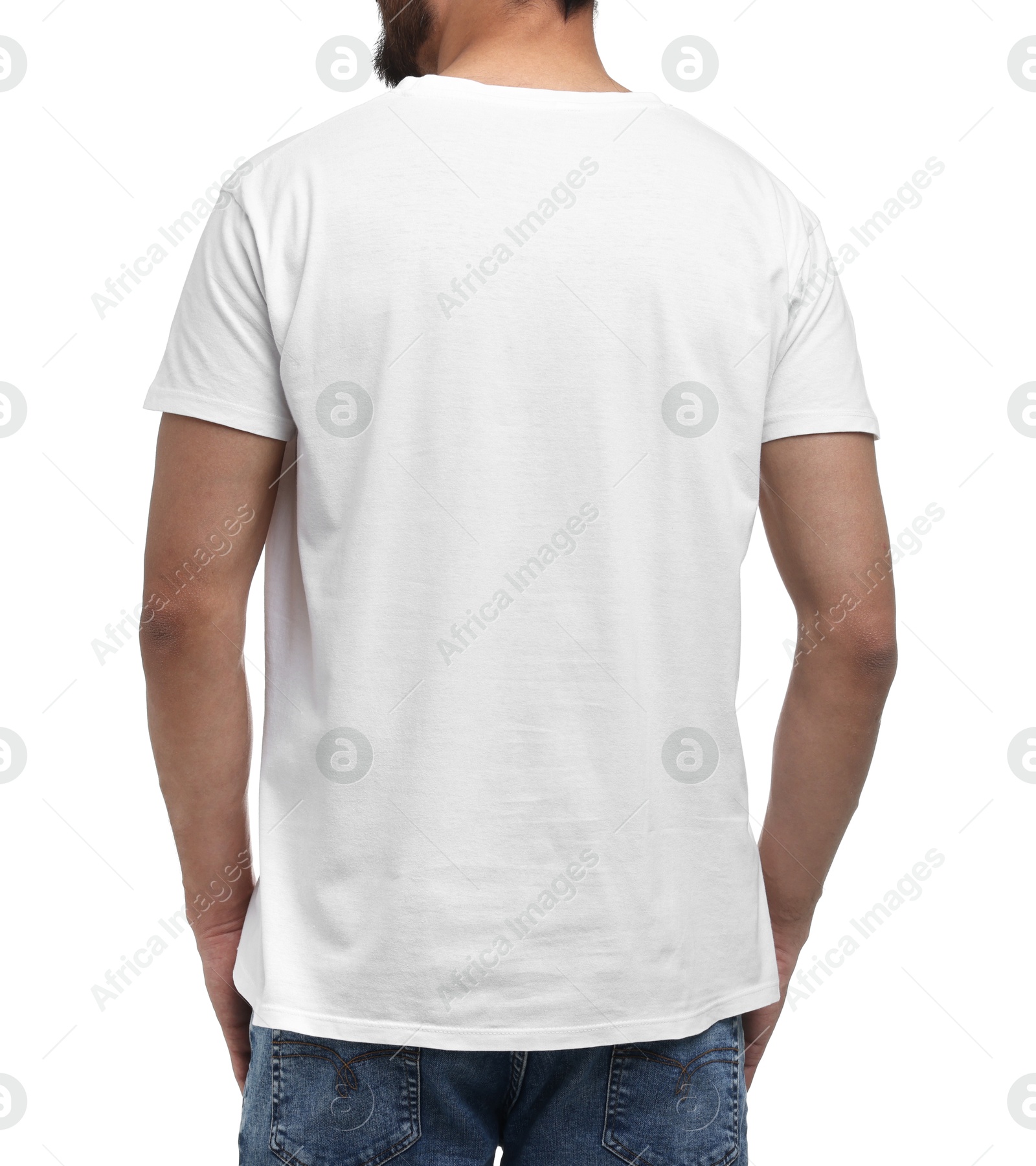 Photo of Man in t-shirt on white background, back view