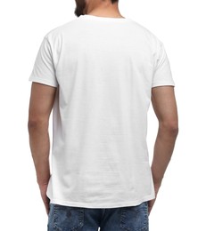 Photo of Man in t-shirt on white background, back view