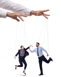 Image of Human relationships demonstrated in puppet show. Workers manipulated by director or manager on white background