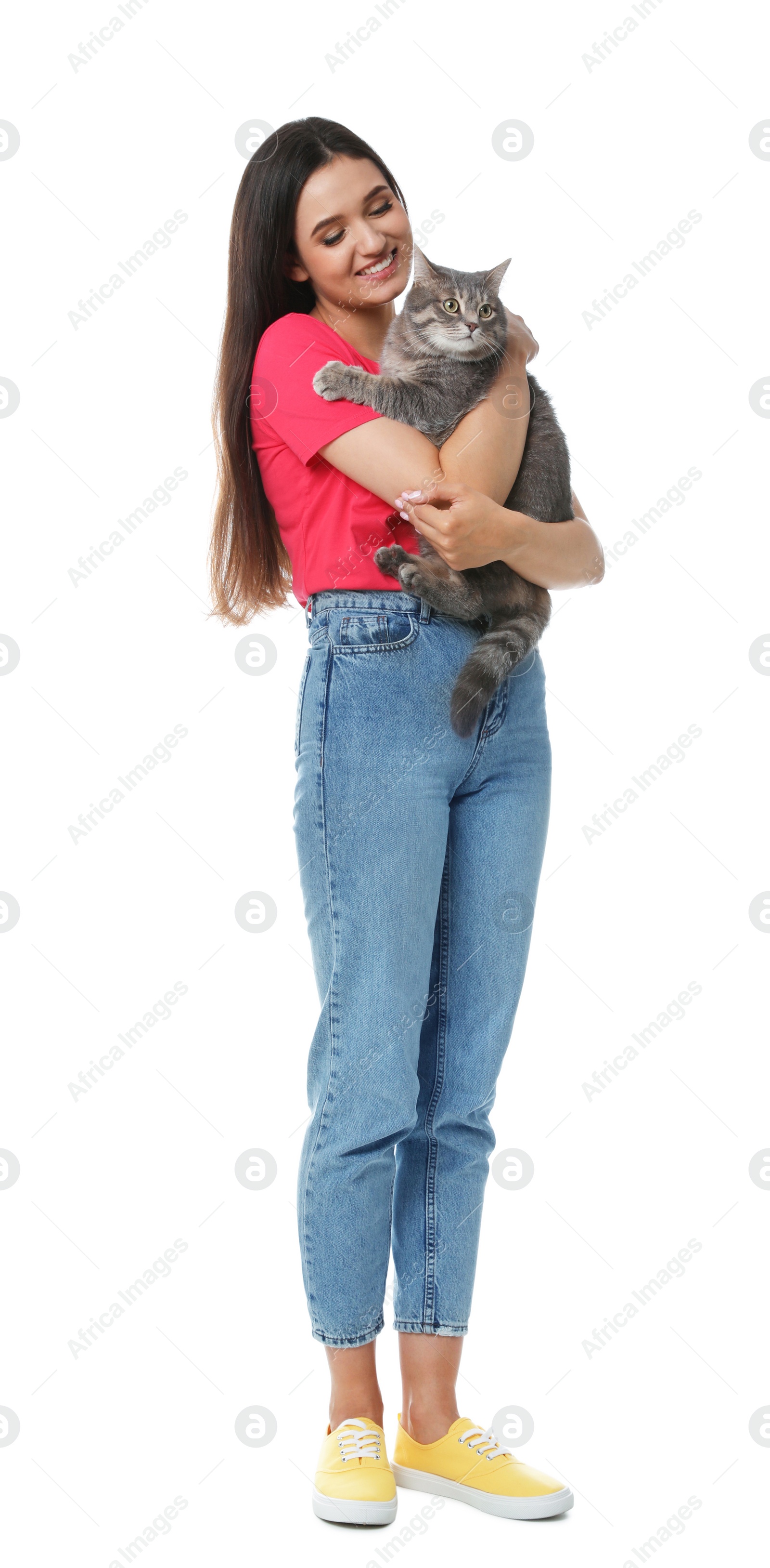 Photo of Young woman with cute cat on white background. Pet and owner