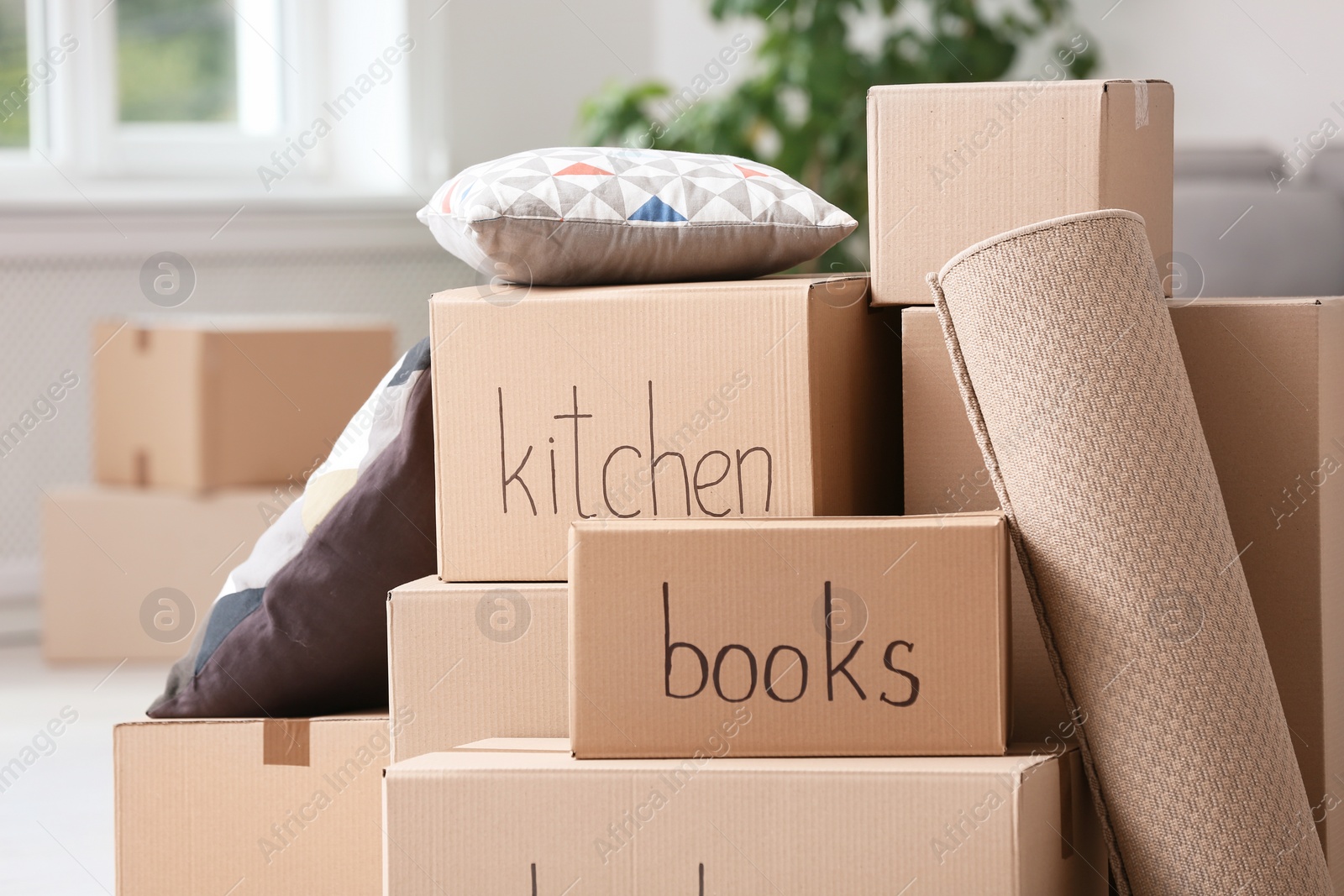 Photo of Cardboard boxes and household stuff indoors. Moving day