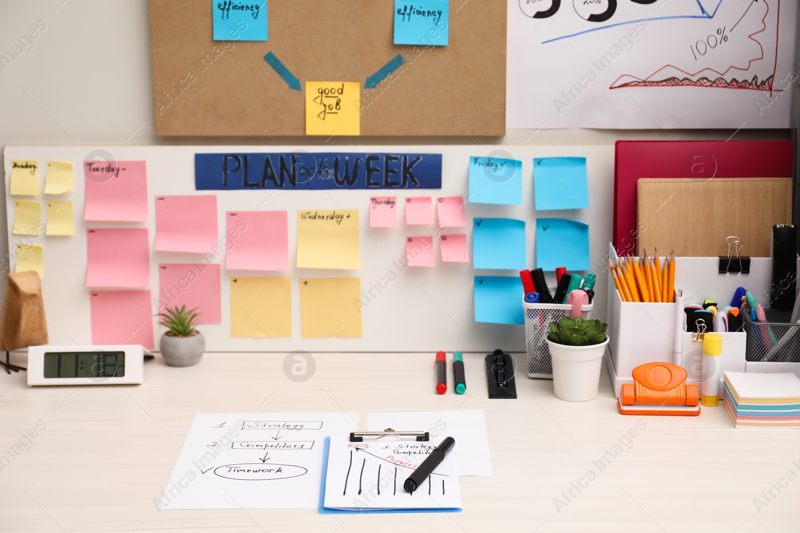 Photo of Business process planning and optimization. Workplace with colorful paper notes and other stationery on white wooden table