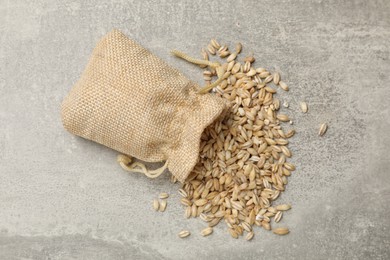 Photo of Bag with dry pearl barley on gray table, top view