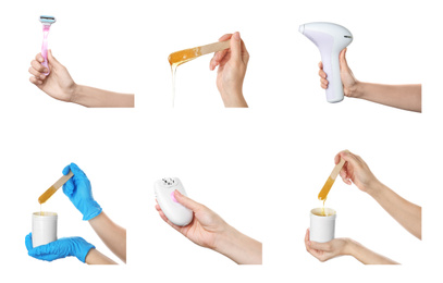 Image of Collage of women holding different devices for epilation on white background, closeup