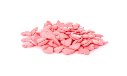 Photo of Pile of sweet candy hearts on white background