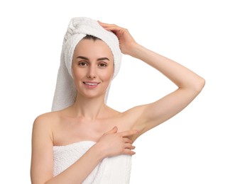 Photo of Beautiful woman showing armpit with smooth clean skin on white background