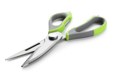 Pair of sharp scissors on white background