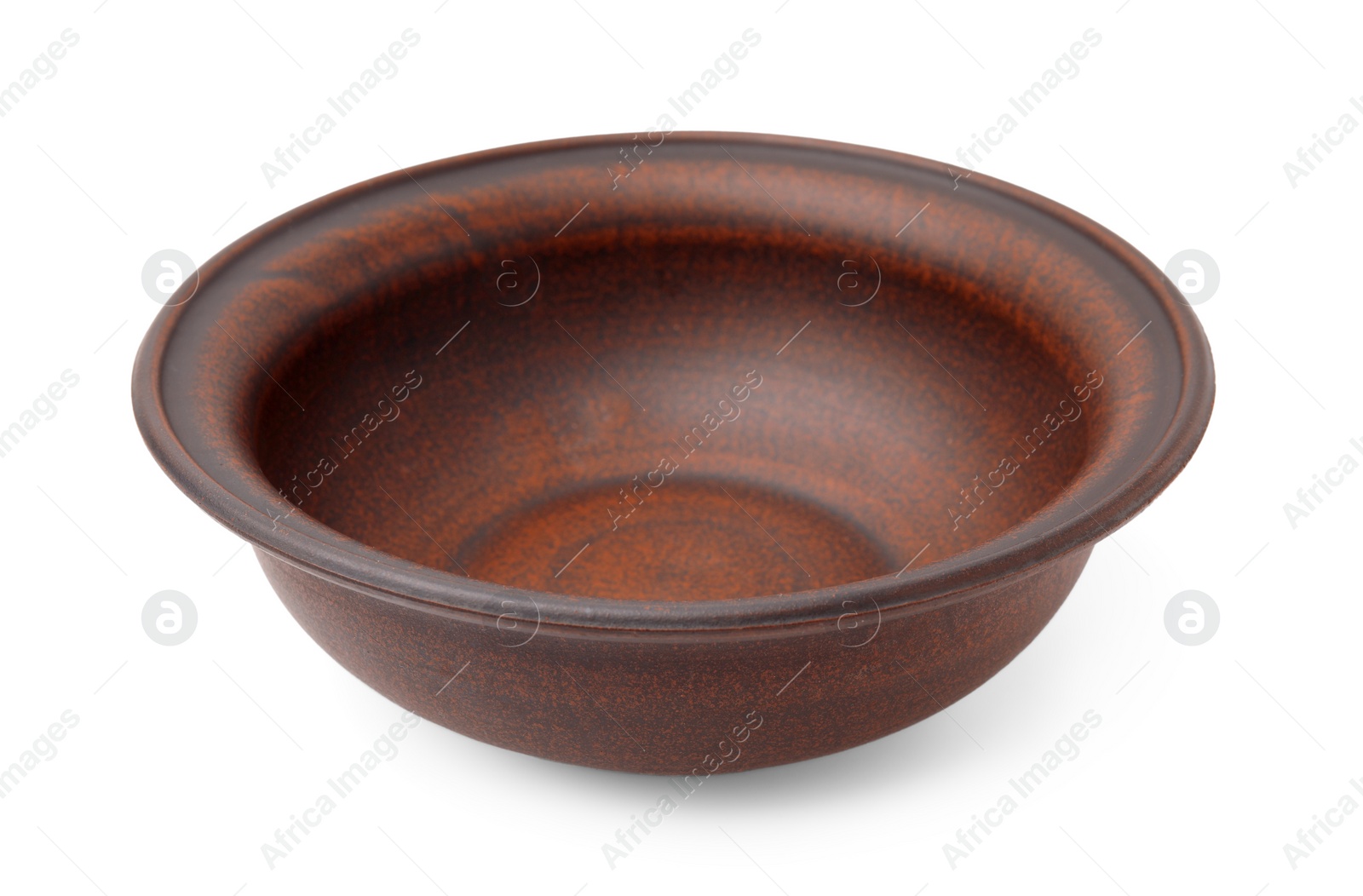 Photo of One clay bowl isolated on white. Cooking utensil