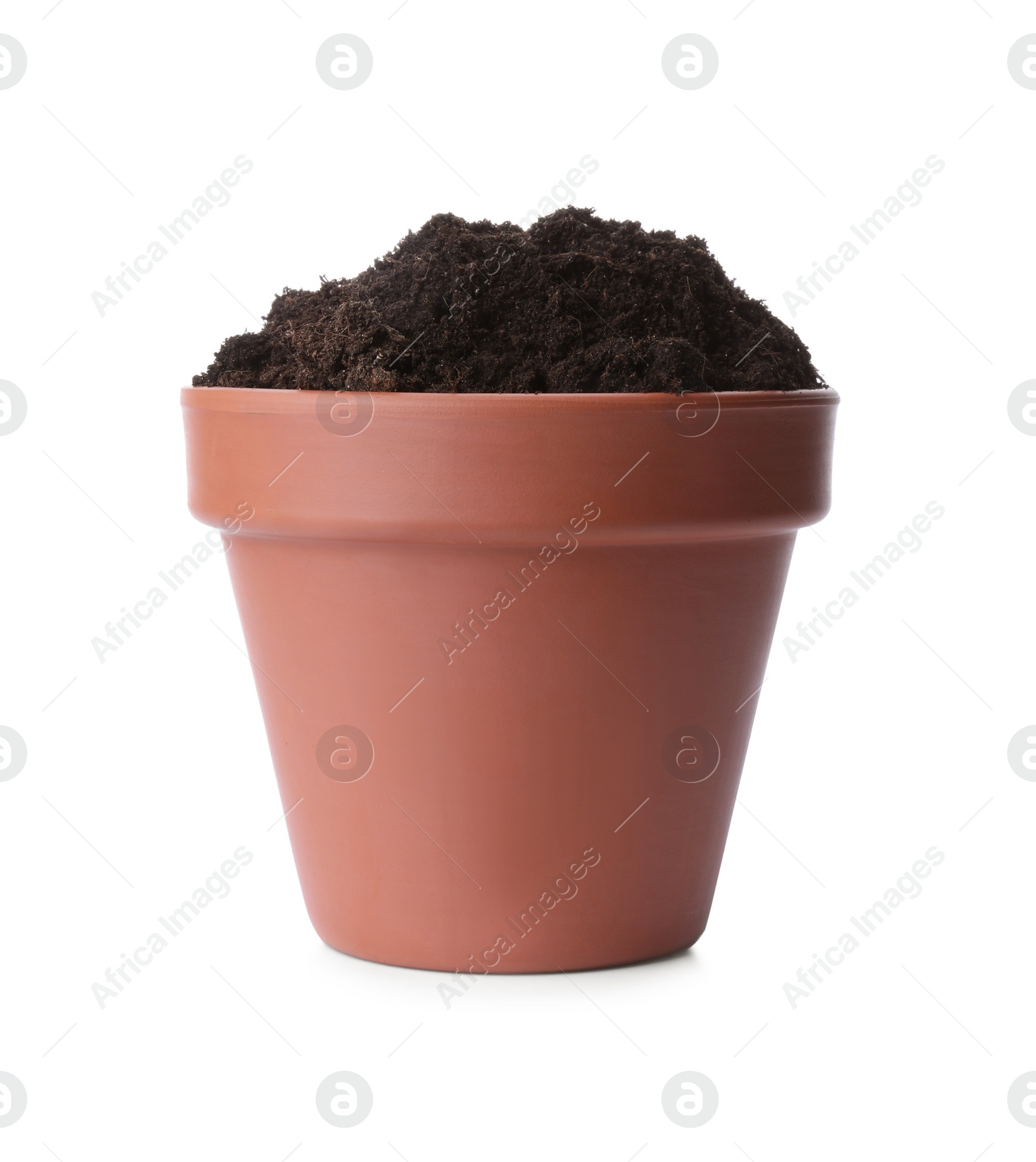 Photo of Terracotta flower pot with soil isolated on white