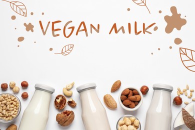 Image of Vegan milk and different nuts on white background, flat lay