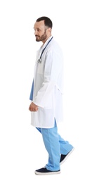 Full length portrait of male doctor isolated on white. Medical staff