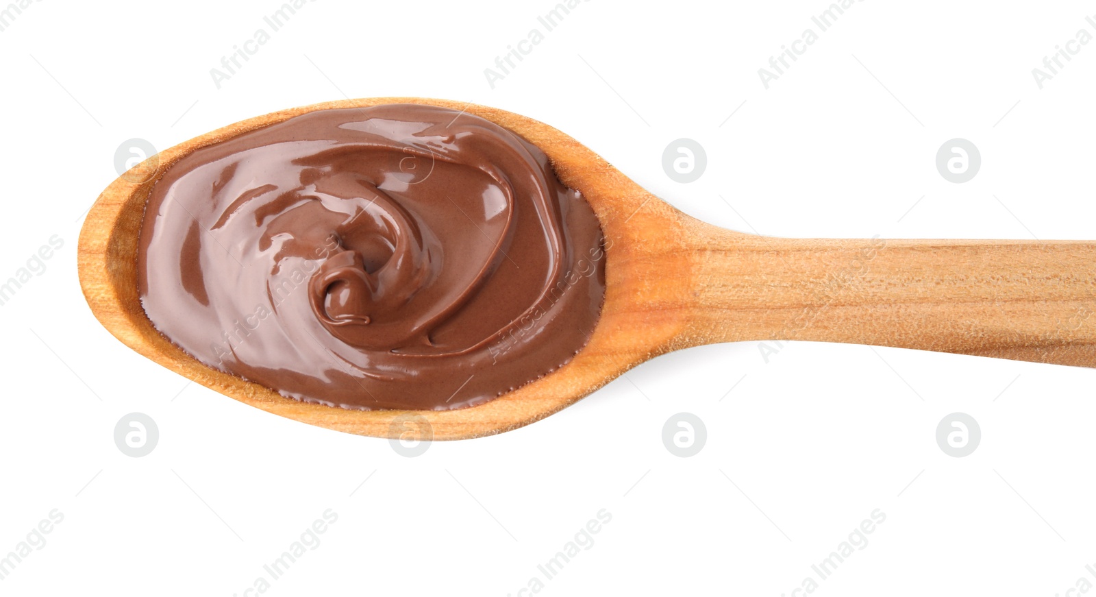 Photo of Wooden spoon with delicious chocolate paste isolated on white, top view