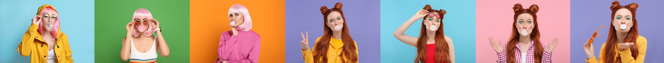 Image of Women blowing bubble gums on color backgrounds, set of photos