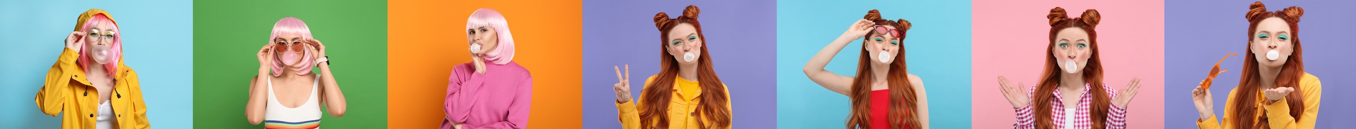 Women blowing bubble gums on color backgrounds, set of photos