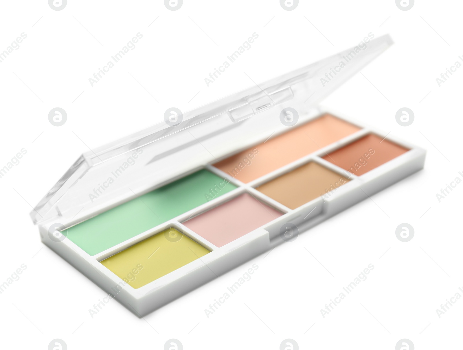 Photo of Colorful correcting concealer palette isolated on white