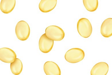 Image of Vitamin. Softgel capsules falling on white background