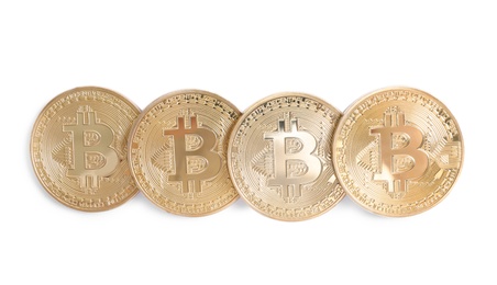 Photo of Row of bitcoins isolated on white, top view. Digital currency