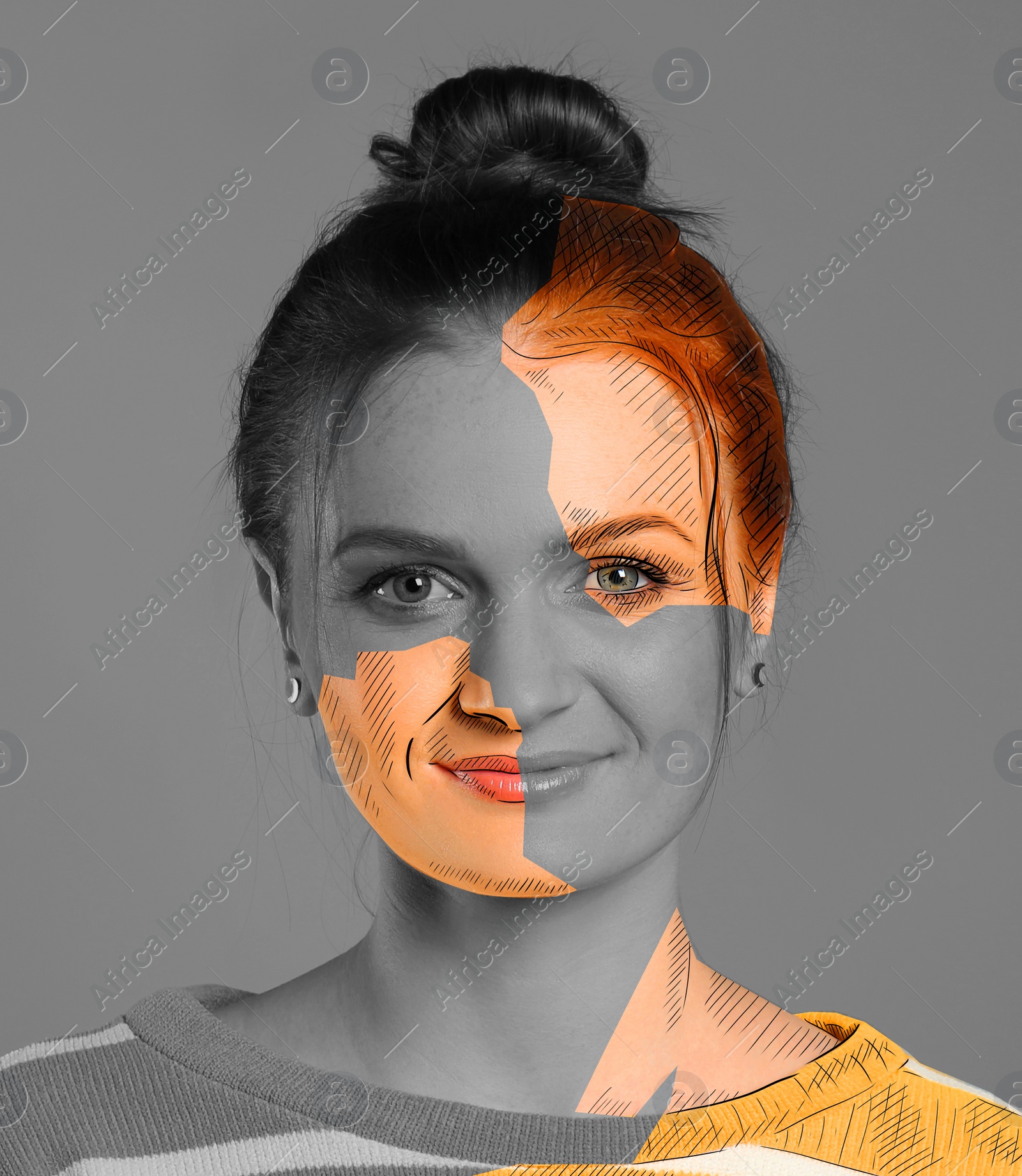 Image of Portrait of attractive woman on grey background. Collage with photo and drawing